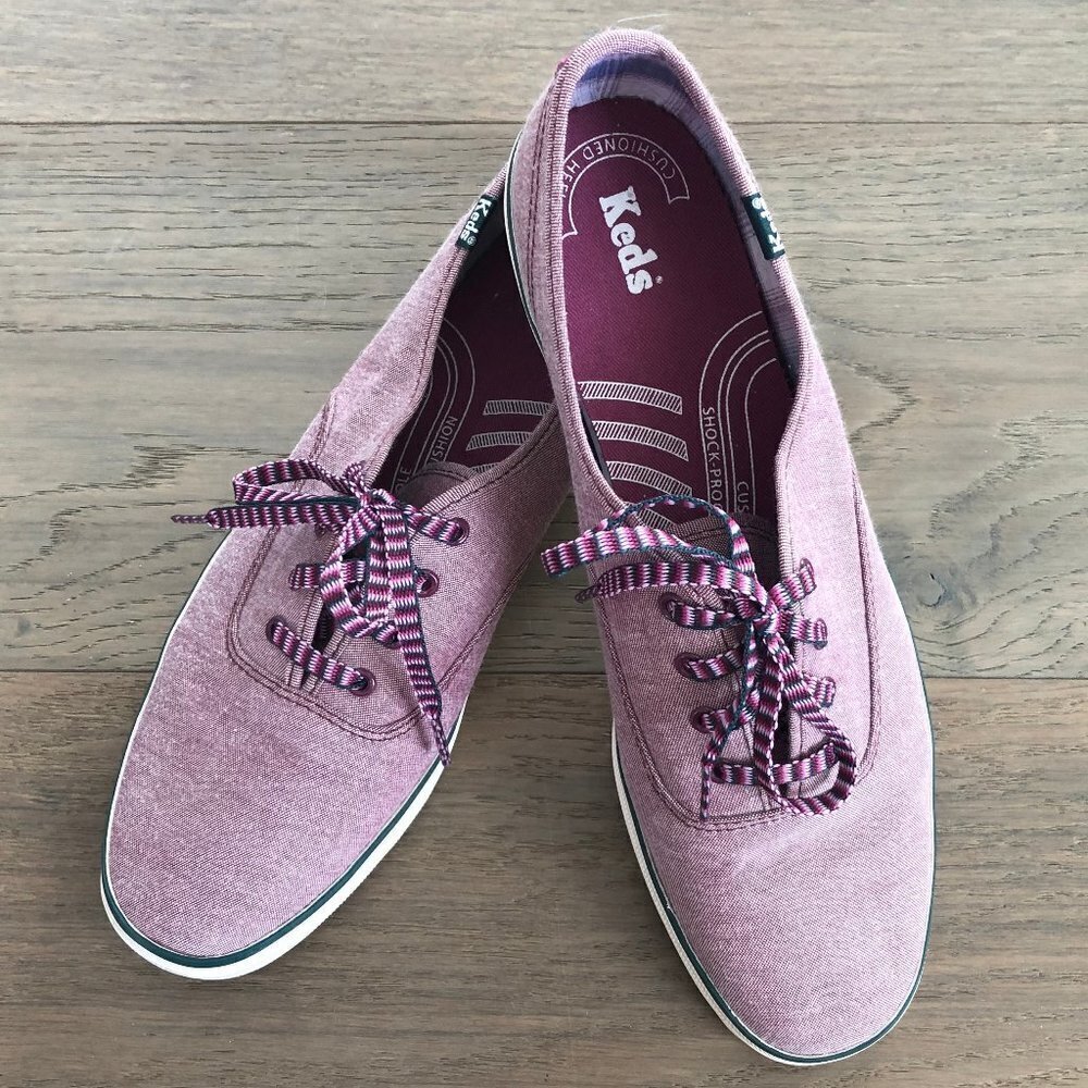 Keds Canvas Lace Up Denim Sneakers Prpl Pink w Teal Trim + Striped Laces Sz 9.5